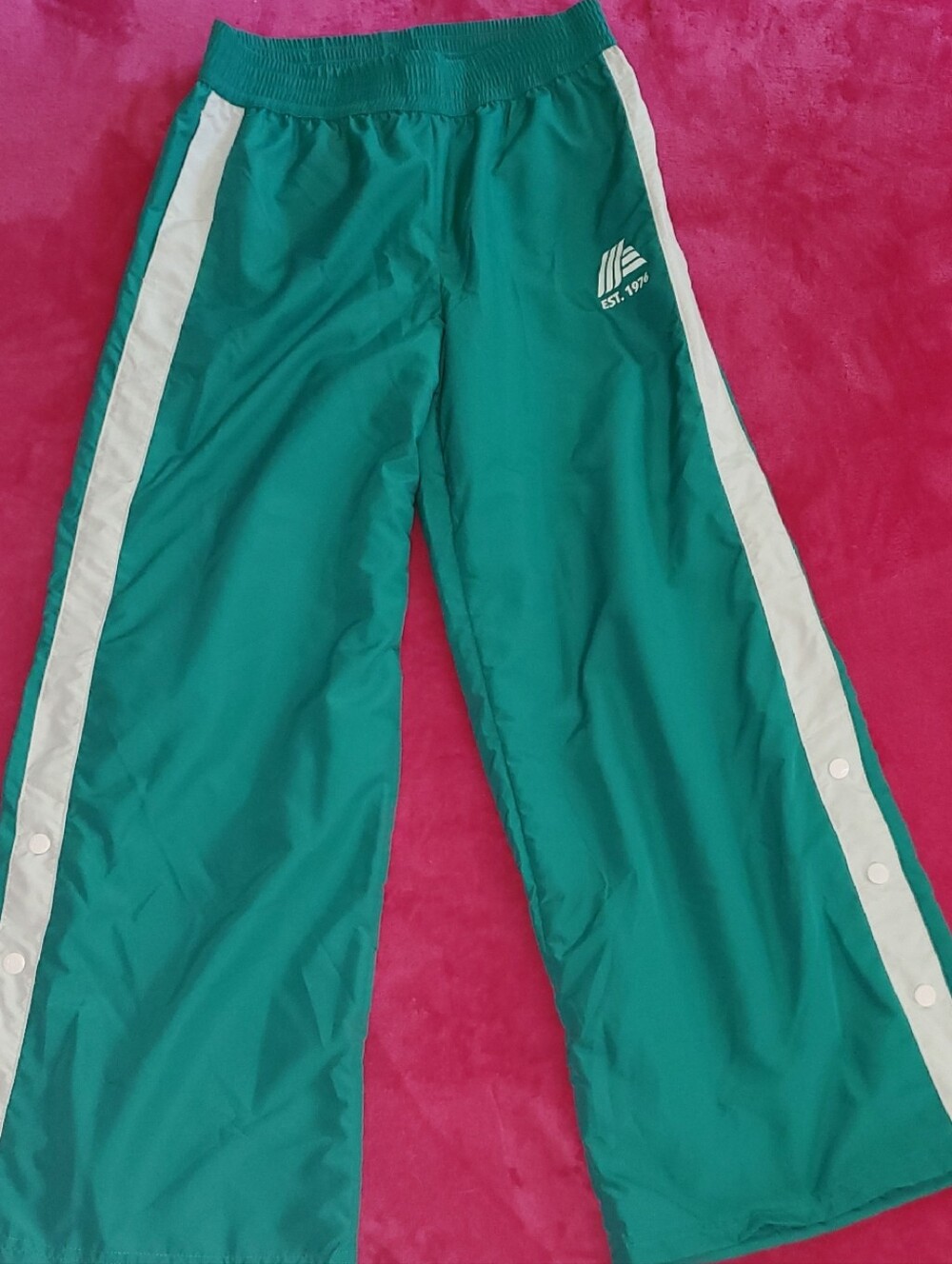Green Snap-Front Track Pants with White Side Stripes